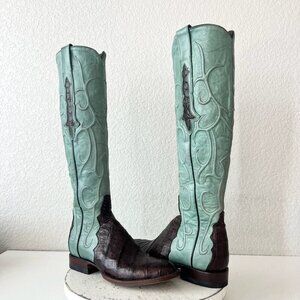 Rod Patrick Womens Knee High Cowboy Boots 5.5 C Brown Caiman Turquoise Western